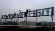 Martin&Servera. Signage. Graphic identity with Lewander&Co. 2.5m tall letters form a 30 meter long sign mounted on the roof of the outlet in Årsta. 2013.